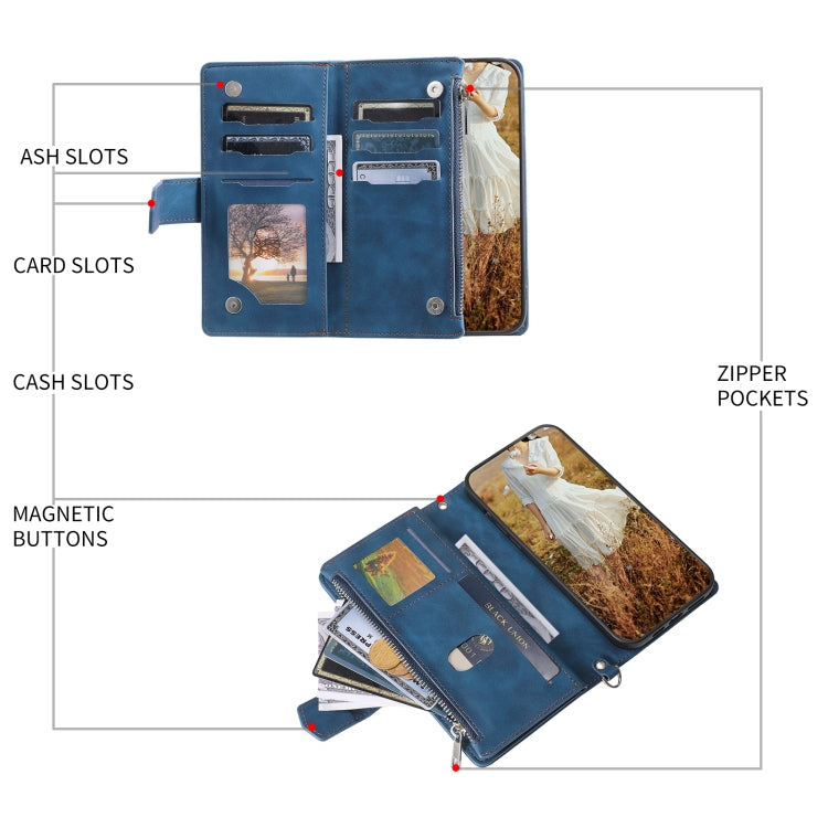 Grid Texture Zipper Leather Phone Case with Lanyard, For iPhone 15