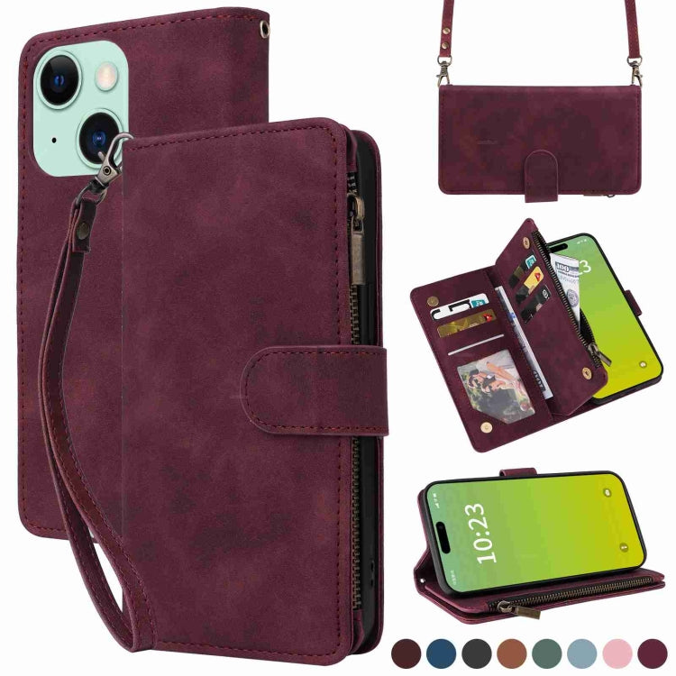 Crossbody Multi-card Slot Wallet Zipper Leather Phone Case, For iPhone 15 Plus, For iPhone 15