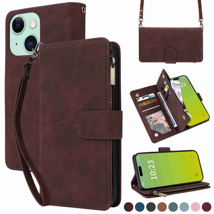 Crossbody Multi-card Slot Wallet Zipper Leather Phone Case, For iPhone 15 Plus, For iPhone 15