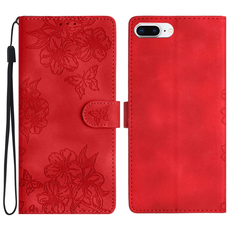 Cherry Blossom Butterfly Skin Feel Embossed PU Phone Case, For iPhone 8 Plus / 7 Plus