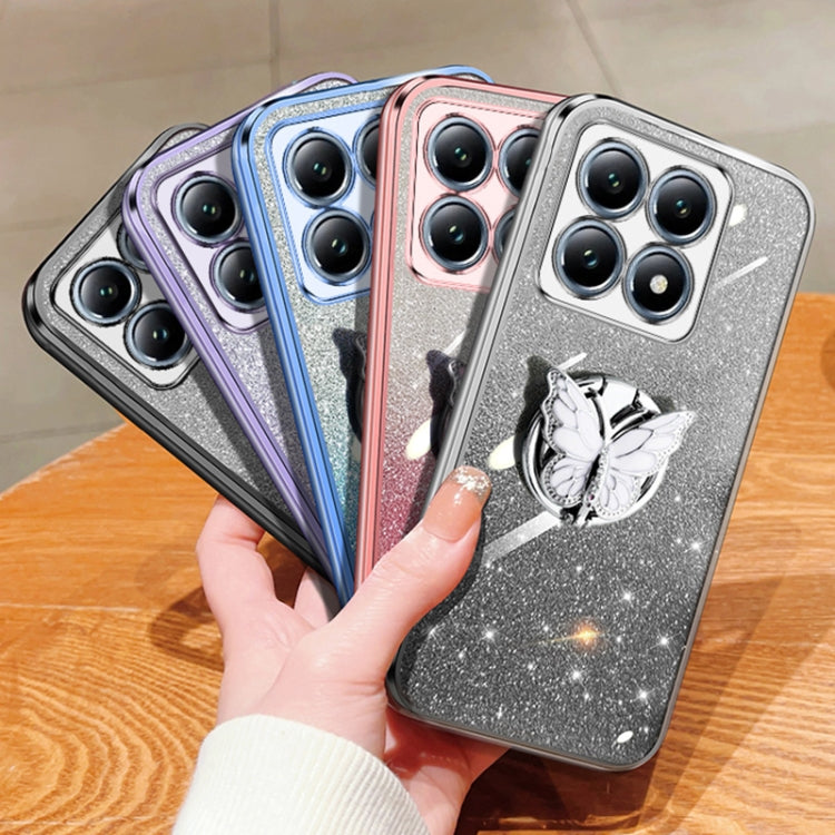 Plated Gradient Glitter Butterfly Holder TPU Phone Case, For Xiaomi 14T Pro, For Xiaomi 14T, For Xiaomi Civi 4 Pro, For Xiaomi 14 Ultra