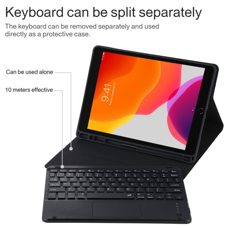 TG-102BC Detachable Bluetooth Black Keyboard + Microfiber Leather Tablet Case for iPad 10.2 inch / iPad Air (2019), with Touch Pad & Pen Slot & Holder