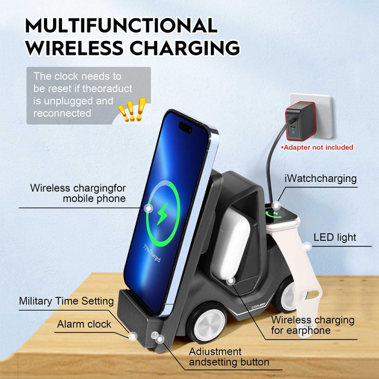 T20 5-in-1 Car-shaped Desktop Alarm Clock Wireless Charger with Atmosphere Light