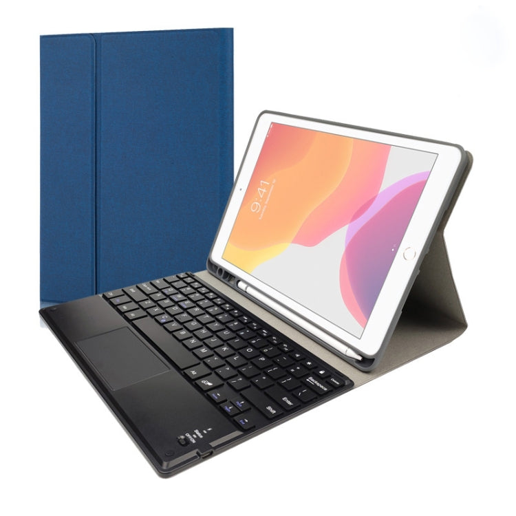 RK102C Detachable Magnetic Plastic Bluetooth Keyboard with Touchpad + Silk Pattern TPU Tablet Case for iPad 10.2, with Pen Slot & Bracket