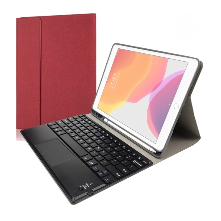 RK102C Detachable Magnetic Plastic Bluetooth Keyboard with Touchpad + Silk Pattern TPU Tablet Case for iPad 10.2, with Pen Slot & Bracket