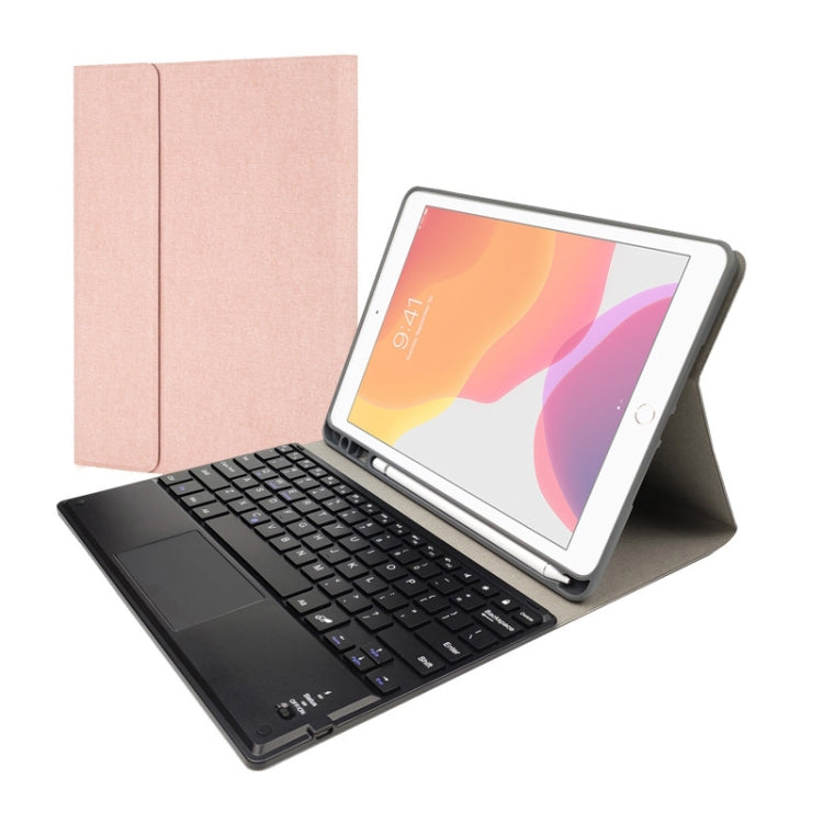 RK102C Detachable Magnetic Plastic Bluetooth Keyboard with Touchpad + Silk Pattern TPU Tablet Case for iPad 10.2, with Pen Slot & Bracket