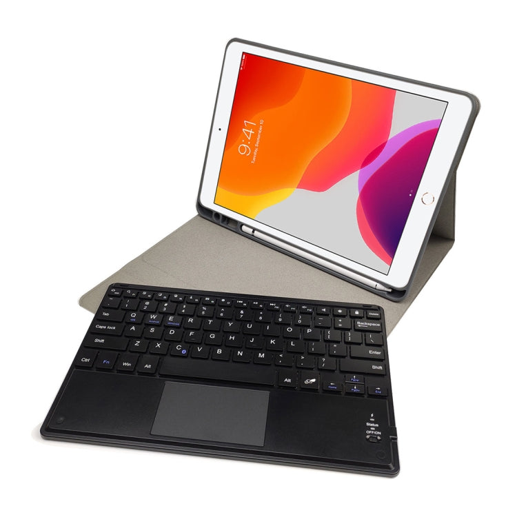 RK102C Detachable Magnetic Plastic Bluetooth Keyboard with Touchpad + Silk Pattern TPU Tablet Case for iPad 10.2, with Pen Slot & Bracket