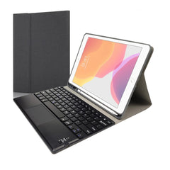 RK102C Detachable Magnetic Plastic Bluetooth Keyboard with Touchpad + Silk Pattern TPU Tablet Case for iPad 10.2, with Pen Slot & Bracket